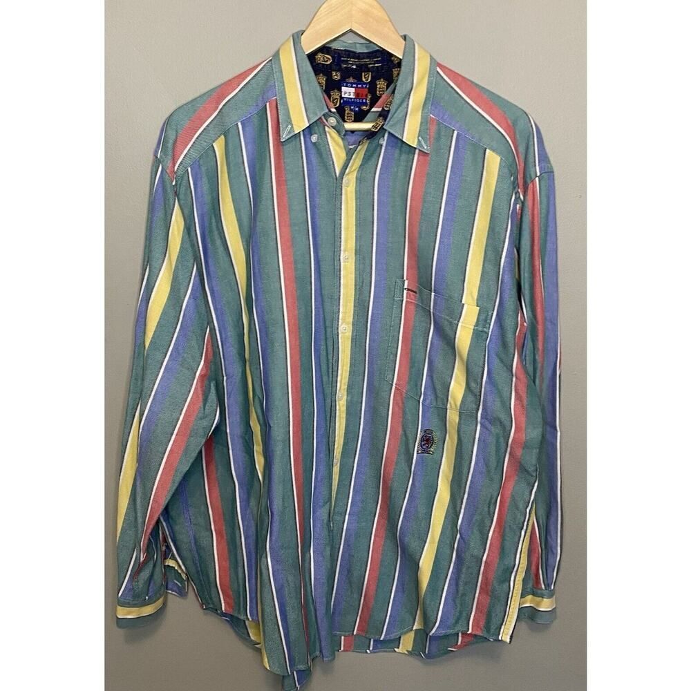 VTG 90s Tommy Hilfiger Striped Button LS Shirt Crest Embroidery Men’s Medium 80s